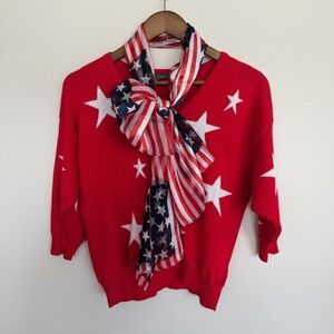 Hana + Gracie Petite M Red Star V-Neck Sweater 3/4 Sleeve Perfect For July 4th